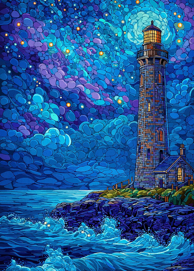 Lighthouse at Night with Starry Sky