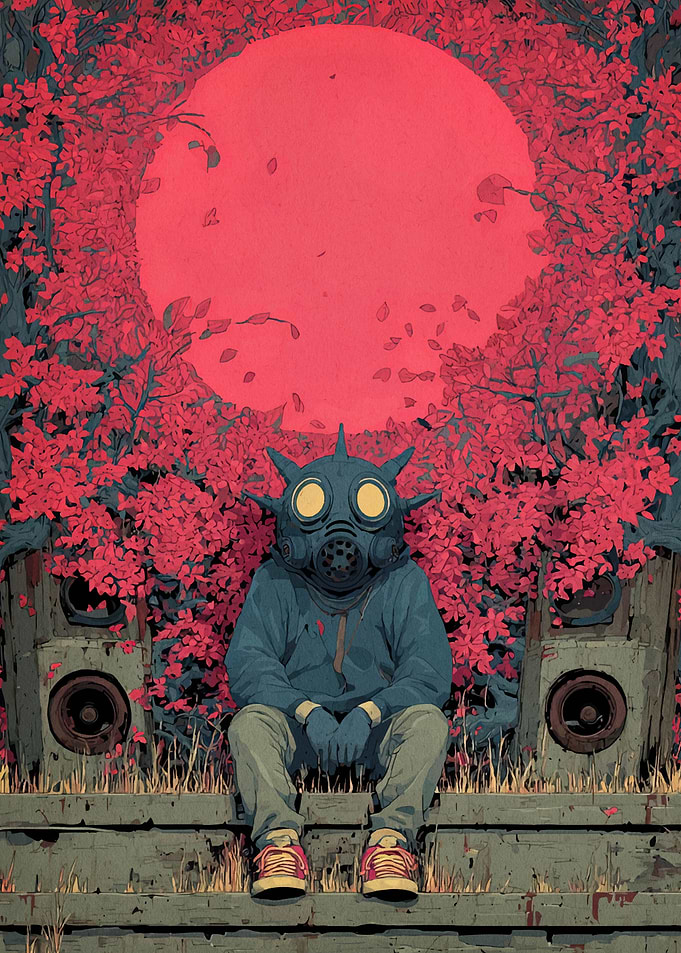 Gas Mask Figure in Red Foliage