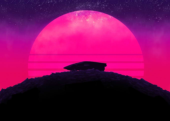 Retro Car Silhouette with Pink Sunset