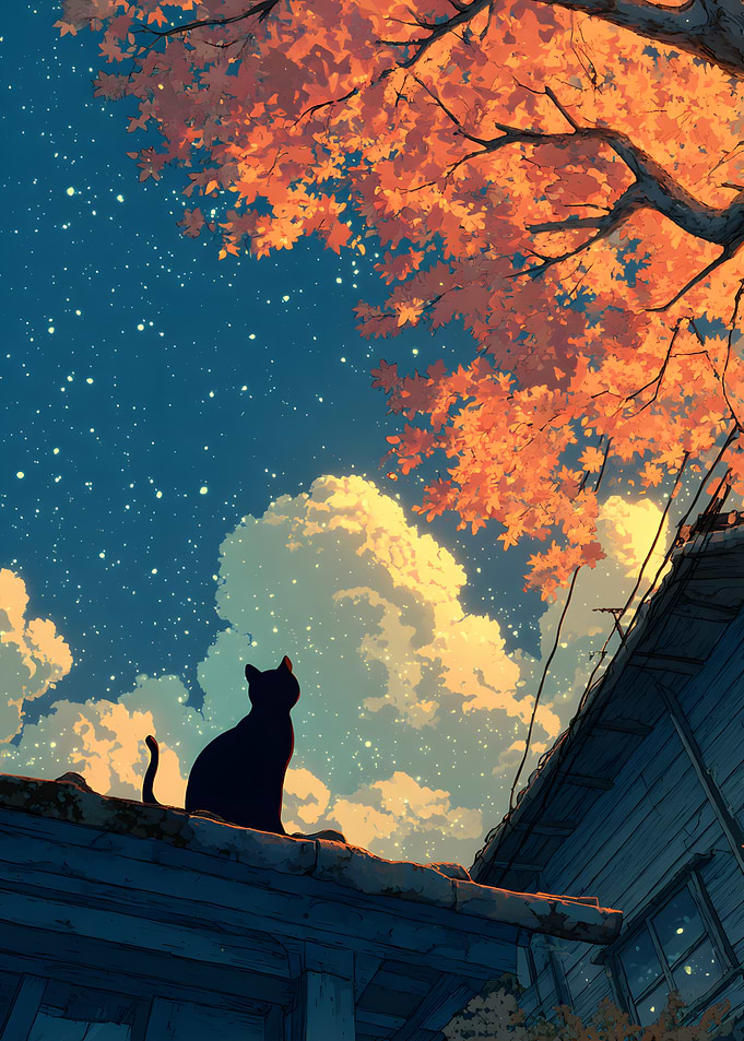 Black Cat on Rooftop Under Autumn Sky
