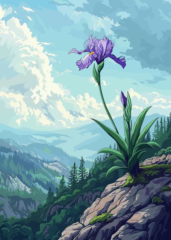 Purple Iris Flower Mountain Landscape Art
