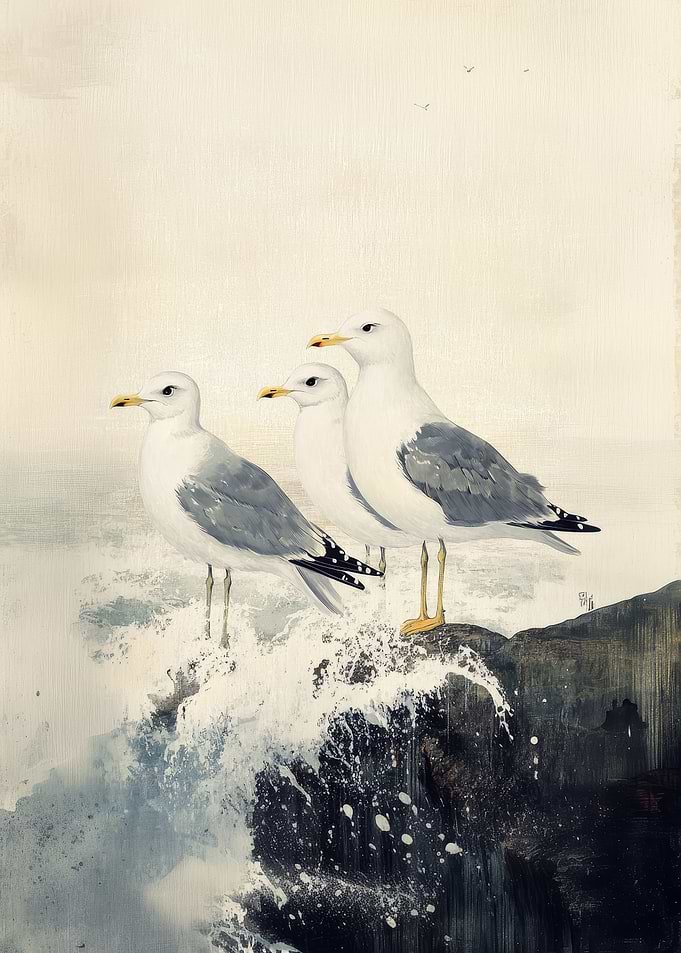 Seagulls on a Rocky Coastline Painting