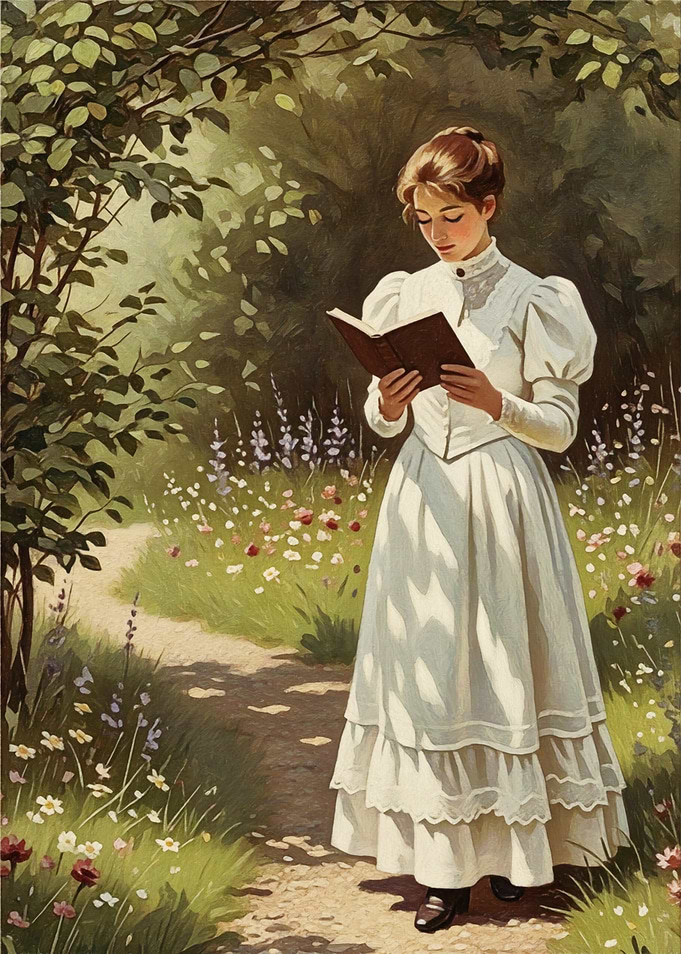 Victorian Woman Reading Book in Garden