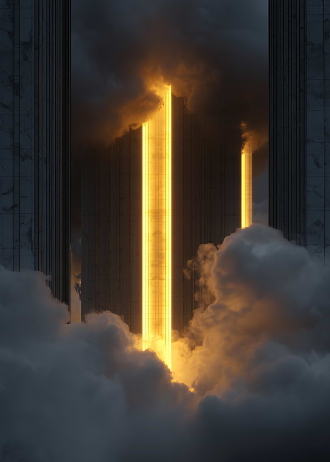Golden Pillars in Cloudy Sky
