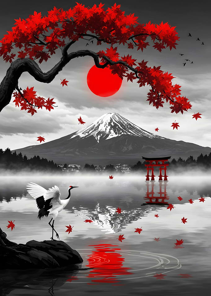 Japanese Landscape with Crane and Torii