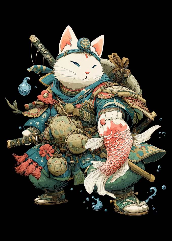 Samurai Cat with Koi Fish