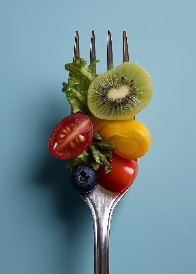 Fork with Fresh Fruits and Vegetables