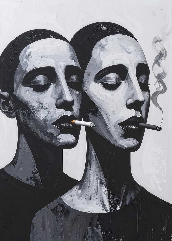 Monochrome Portrait of Two Smoking Figures