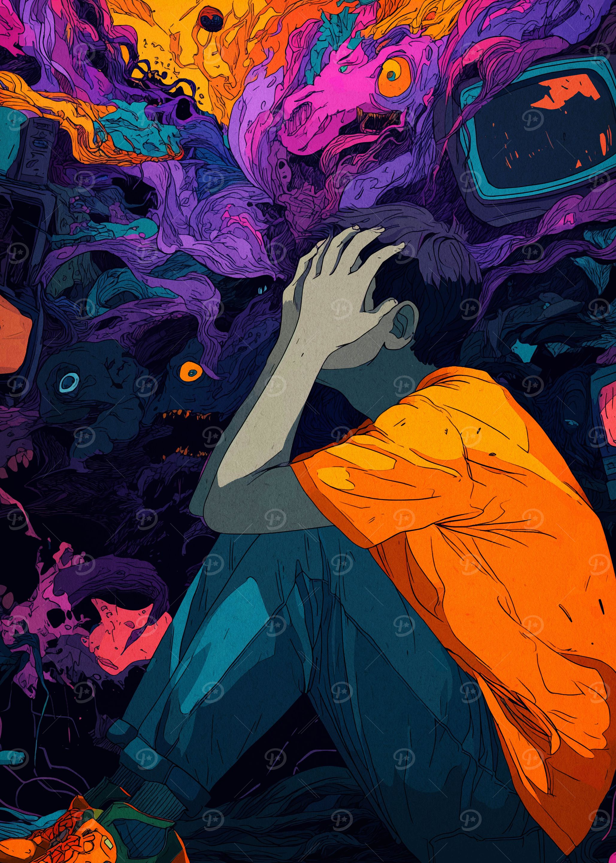 Overwhelmed Boy with Monsters and TVs