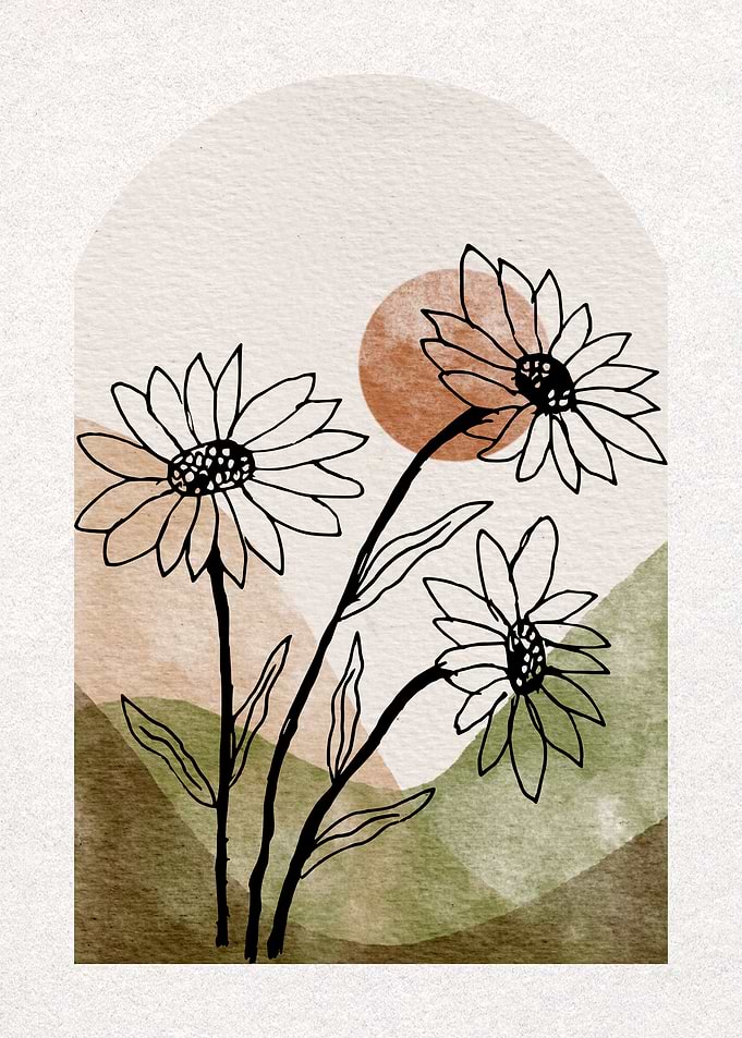 Floral Line Art with Abstract Shapes