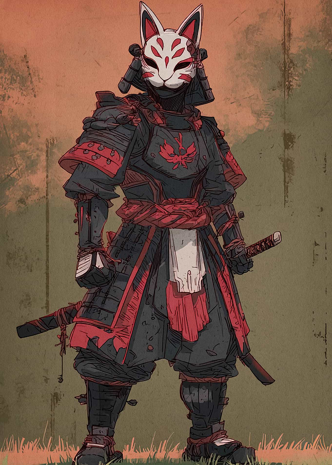 Fox Mask Samurai Warrior Illustration