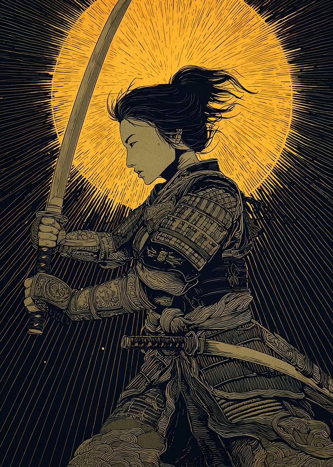 Female Samurai with Katana and Sun