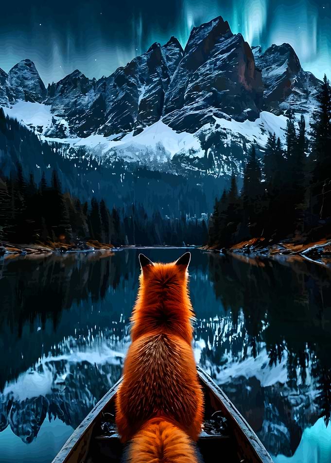 Fox Under Aurora Borealis Northern Lights