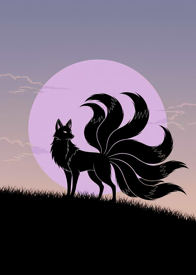 Minimalist Anime Fox Poster – Black Silhouette Under Lavender Dawn Sky