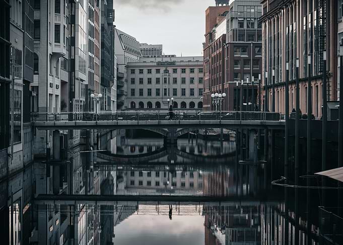 Hamburg canal cityscape reflection