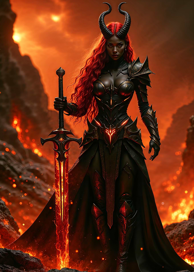 Horned Warrior Woman with Flaming Sword