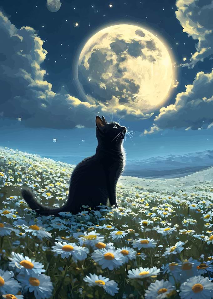 Black Cat Gazing at the Moon