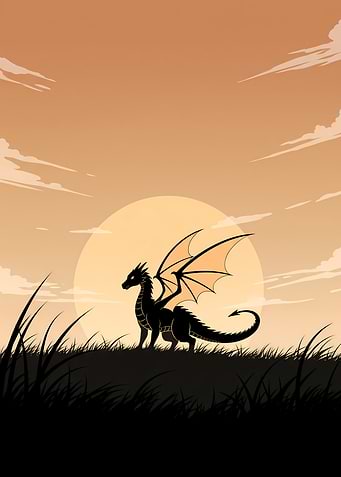 Minimalist Anime Dragon Poster – Black Silhouette Under Warm Dawn Sky