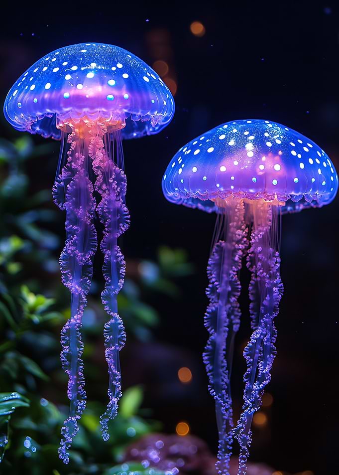 Two Jellyfish in Dark Water