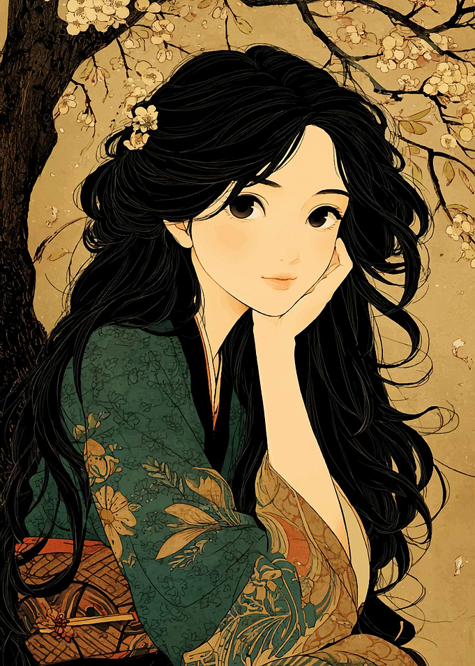 Anime Girl in Kimono with Blossoms