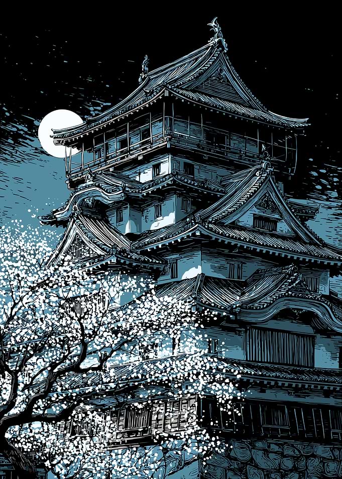 Japanese Castle Under Moonlight with Cherry Blossoms
