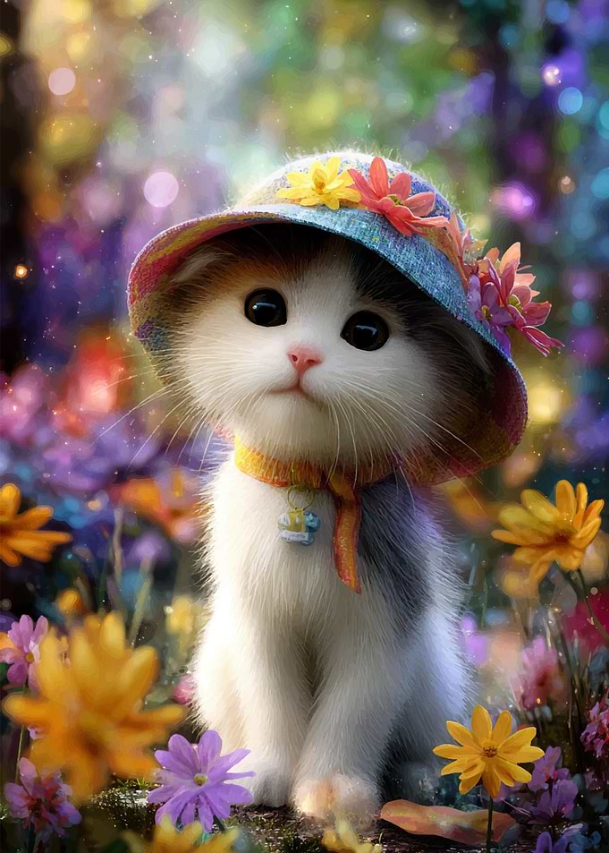 Cute Kitten with Floral Hat