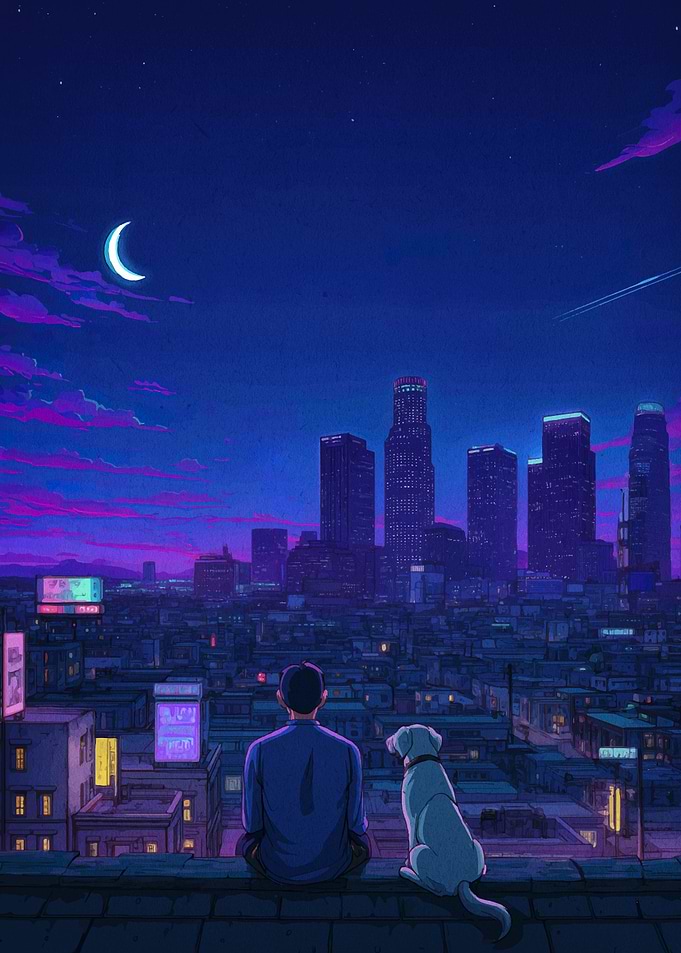 Night Cityscape with Boy and Dog