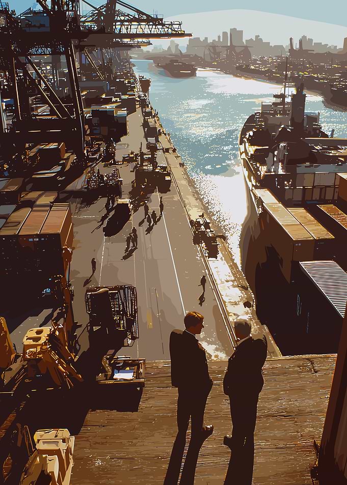 Busy Port with Two Men Talking