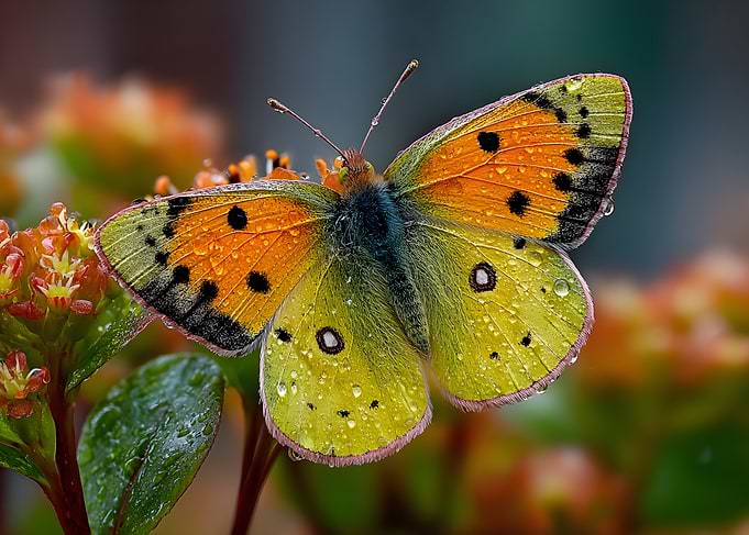 Dew-Kissed Butterfly on Orange Flowers