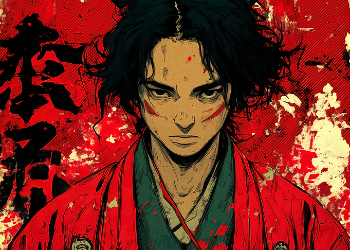 Anime Warrior Portrait with Red Background