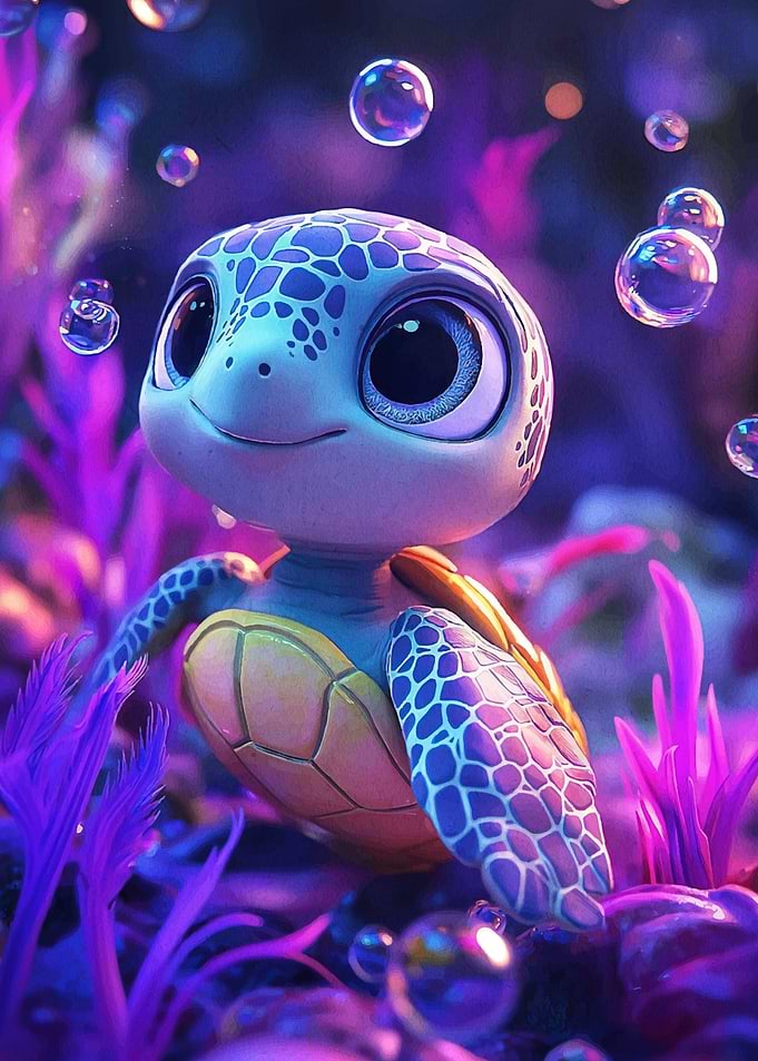 Cute Cartoon Turtle Underwater
