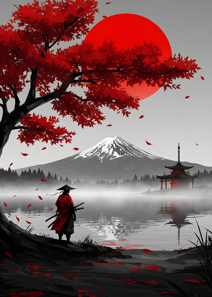 Japanese Landscape with Samurai and Mountain