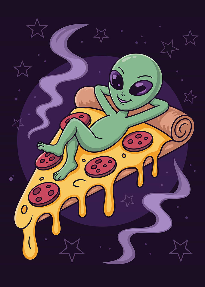 Alien Relaxing on Pizza in Space
