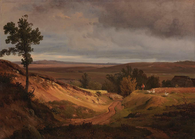 Landscape Painting with Geese and Figure
