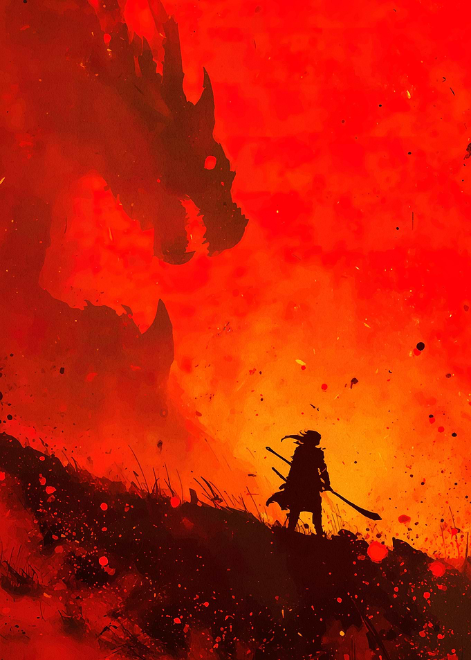Dragon and Warrior in Fiery Landscape