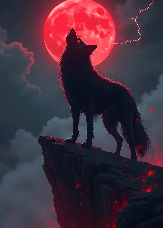 Wolf Howling at Red Moon