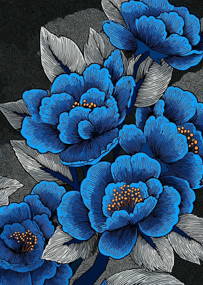 Blue Floral Pattern with Gray Leaves
