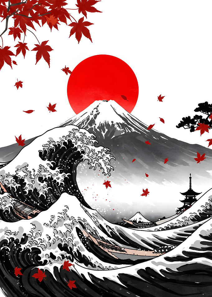 Japanese Landscape with Mount Fuji and Waves