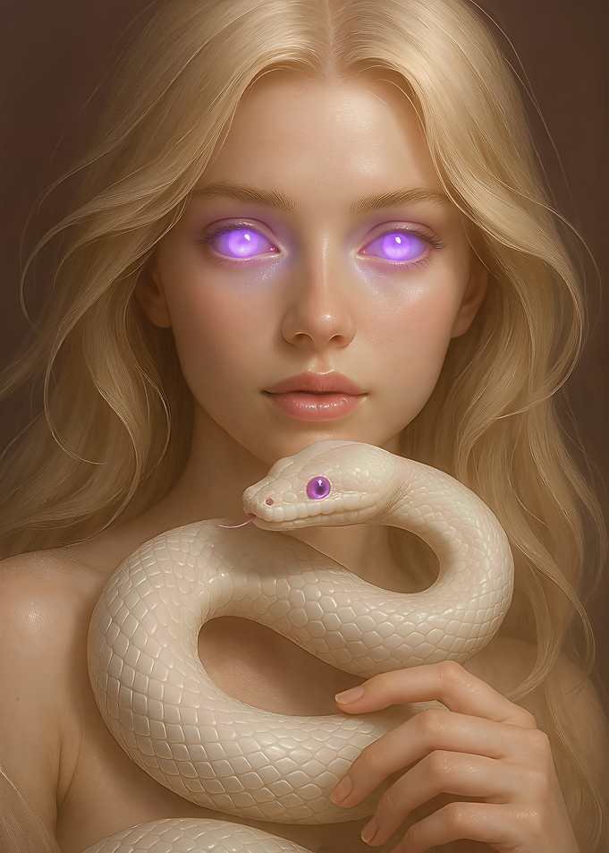 Ethereal Woman with Glowing Violet Eyes and Albino Snake Portrait
