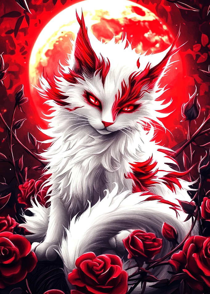 Red and White Cat with Roses