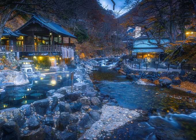 Japanese Onsen Resort by River