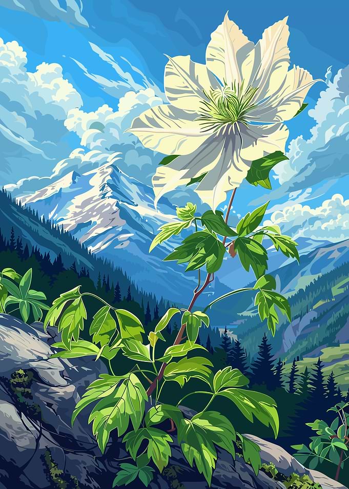 White Flower Mountain Landscape Illustration