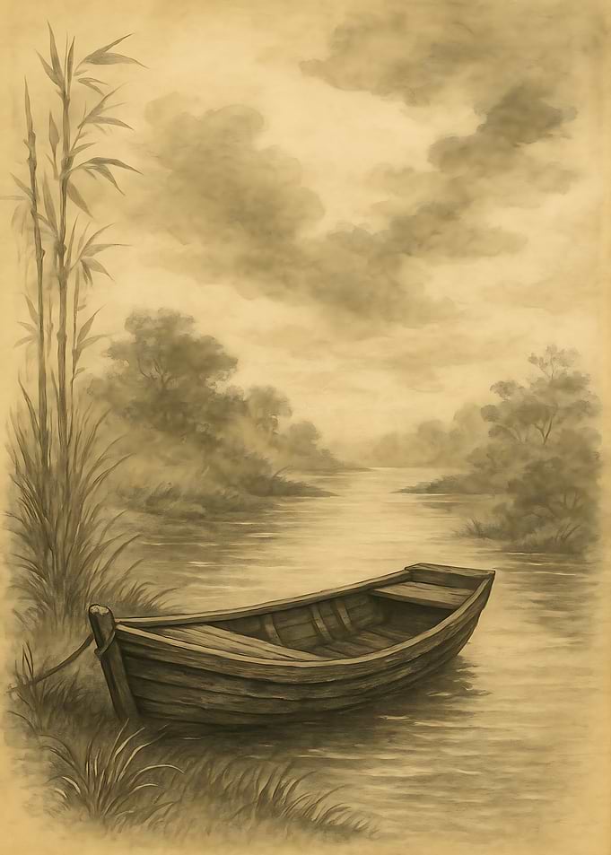 Sepia Boat on Riverbank Painting
