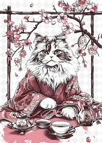 Cat in Kimono with Tea Ceremony