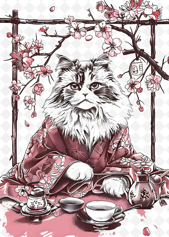 Cat in Kimono with Tea Ceremony
