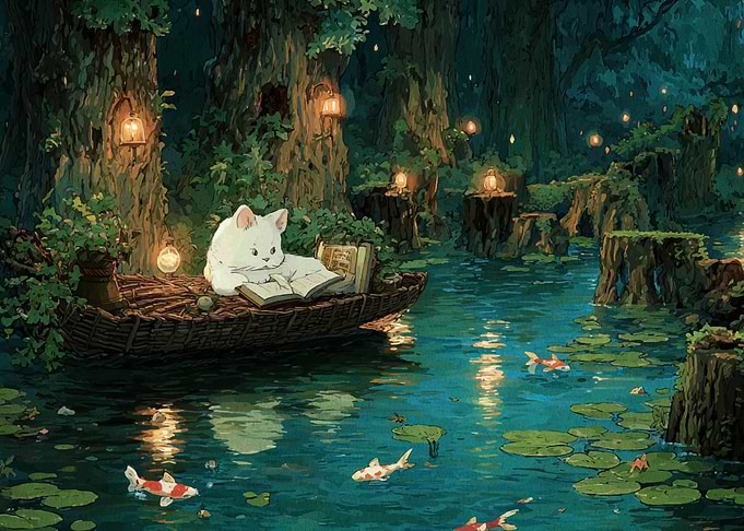 Cat reading in a magical forest