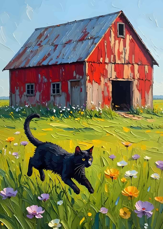 Black cat in a flower field