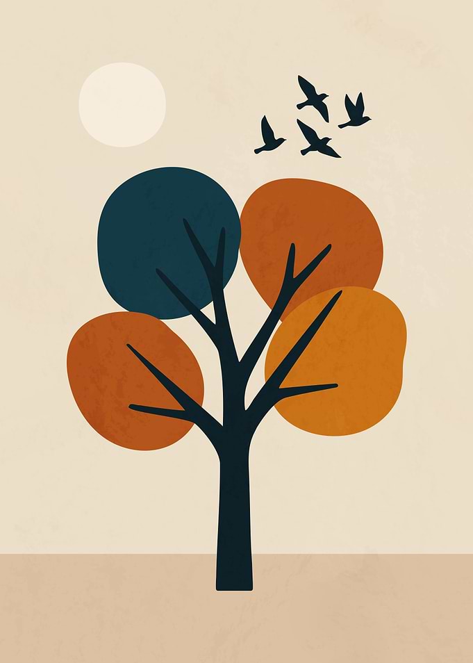 Abstract Tree with Birds and Sun