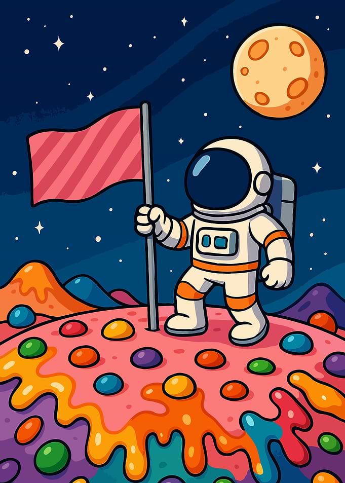 Cartoon Astronaut on Colorful Candy Planet