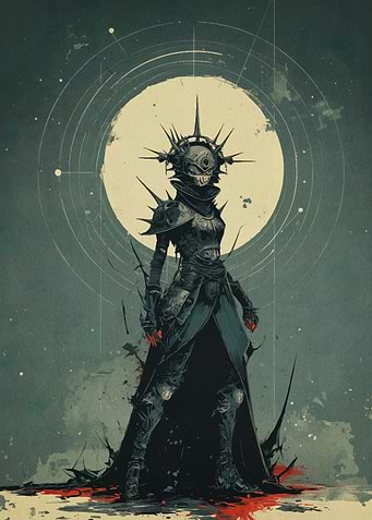 Spiked Armor Character with Moon Backdrop